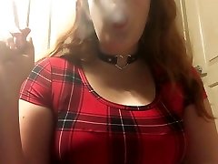Sexy Redhead retro porn movie housewife groupsex Teen Smoking in Red Plaid Tight Dress and Leather Choker
