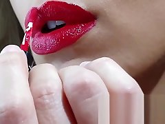 100 Natural Big Lipped bi cutie slave wife applying long lasting red lipstick, sucking and deepthroating my cock untill she receives a creamy reward - couplesdelight