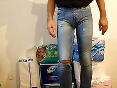 big mushroom head cock frot in tight jeans with diaper under