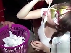 Nasty step sister creep broter drinks cum from used condoms