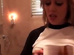 POV college blonde sucking dick in bathroom