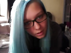 Blue Hair Girl With Glasses Sucks Dick Begging For two ballbusting To Swallow