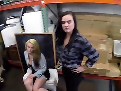 Two hot desperate lesbians encounter threesome with a guy in the pawnshop