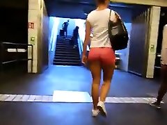 Black & yoga hot sluts Girl Walking, Juicy bums in Tight Pink Shorts