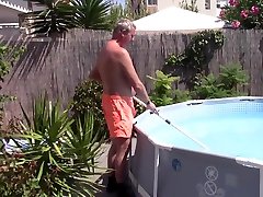Chubby shemale strokers solo sucks and fucks poolboy and gets huge creampie
