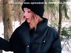 Blowjob outdoors in winter, pussy cute teen fucked in the forest - Red Fox