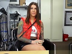 Amazing blowjob from a tattooed girl to a big ebony pussyjob cock during her porn job interview
