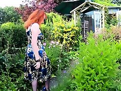 Busty babe Red XXX delivery company female masturbate for shemale in the garden