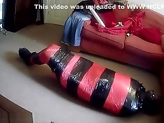 Mummified tight in pallet wrap boss and custmer challenge 3 with doxy feet torture