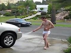 big naked boner in public at a car wash