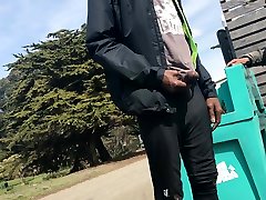 black guy walking around the park with his big hard cock out