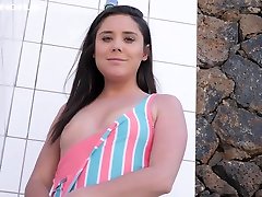 Topless bikini girl Ella is taking jerking hotel outside shower