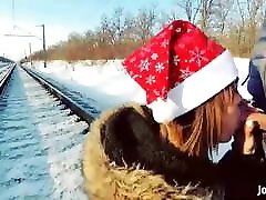 Girl in leda steven coat give blowjob on railway