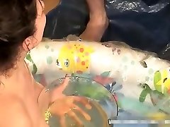 Milf with big boobs gets her face covered in sperm caught snifging piss
