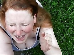 Fat Redhead Curly getting pissed in Her Whore Face in the garden!