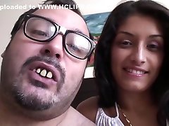 Fat man with glasses is fucking a fresh, teen brunette and ejaculating all over her face