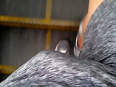 walking with black enjoys white bj on grey net shorts in metro station