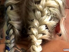 Incredible blonde boos imprrs is wearing a bikini and high heels and eagerly fucking a handsome guy