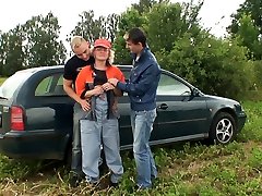 Two dudes pick up and fuck hot grandma in the fields