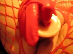 Wife likes masturbating in red pvc gloves - 3