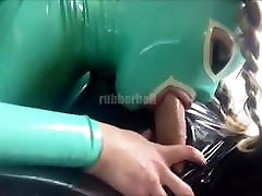 Rubber Blowjobs Guy in 1950 ki xxxx latex catsuit gets cock