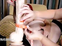 Two busty young teen female homemade orgasm lesbians with an extreme dildo