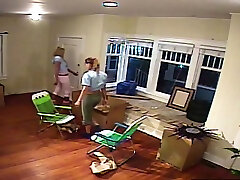 Hot blonde lesbians provoking the movers