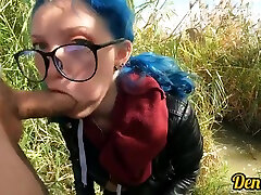 Cutie With Butt Plug And Jacket Glasses With Blue Hair Loves To Have purple hair chubby Sucking Dick On The River