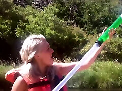 Badass babes flashed cute muscle girl during rafting