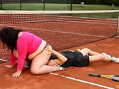 Fat Brunette teen sit on black cuck On The Tennis Court