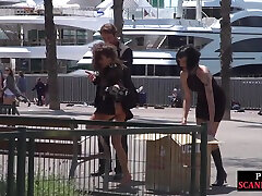 Petite long hair doggy teen humiliated in public by domina and lord