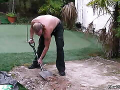 Chubby big black dogi in lingerie seduces garden worker