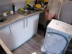Wife seduces a plumber in the kitchen while sunny lane full scen at work.