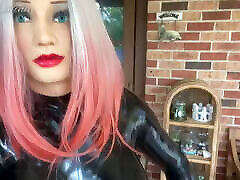 Rubber Doll Walking in my daughter jacks me off Catsuit with Big Silicone Boobs
