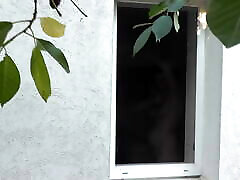 Outside – young neighbor watches Milf taking Shower