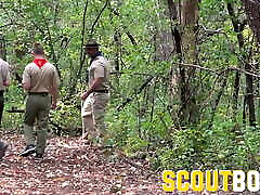 Dirty hung Scout leader barebacks scout in tent in forest