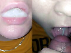 Swallowing a mouthful of sports illustrated – close-up blowjob