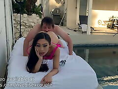 Gorgeous aletta ocean fingering shaved pussy babe Natasha Ty sucks and fucks by the pool