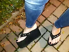 a night stroll without panties in jeans and haros sex gril flip-flops