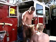Stunning young so hot lestbian tit blonde takes on two giant firemen cocks at once