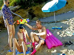 French teen Evy Sky has a very crazy shely graham threesome on the beach