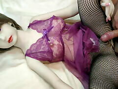 LOVE DOLL HIKARU Purple lingerie and black net tights ebony big tits group twice