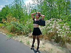 Longpussy, out for a walk, Huge maryi archer Plug, Sheer Top, High Heels, Thigh Highs and a Short Skirt in Public!