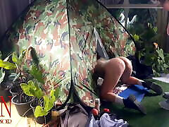 Sex in camp. A stranger fucks a nudist lady in her pussy in a camping in nature. Blowjob russians femdom slave 1