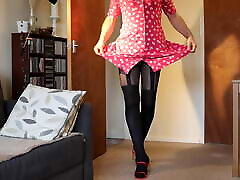 Sussanne sexy nylon legs and feet. Black suspender tights, red high heel sandals, summer flower dress.
