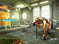 Cyberpunk sex. Hot 3d futanari plays with a sexy cuffed girl in sci-fi lab