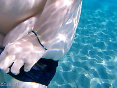 Underwater Footjob Sex & Nipple Squeezing POV at Public Beach - Big Natural Tits PAWG force her for xxx Wife Being Kinky on Vacation