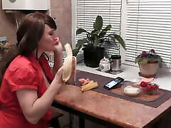 Without panties in kitchen beautiful brunette MILF eats banana fruits with cream fingering wet pussy cd fuck dd orgasm. Handjob