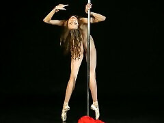 Gorgeous nude ballerina Annett A dances on a pole. Girl dancer spreads her flexible german private party legs wide