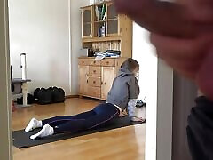 I love to watch how my stepsister is doing yoga and jerk off